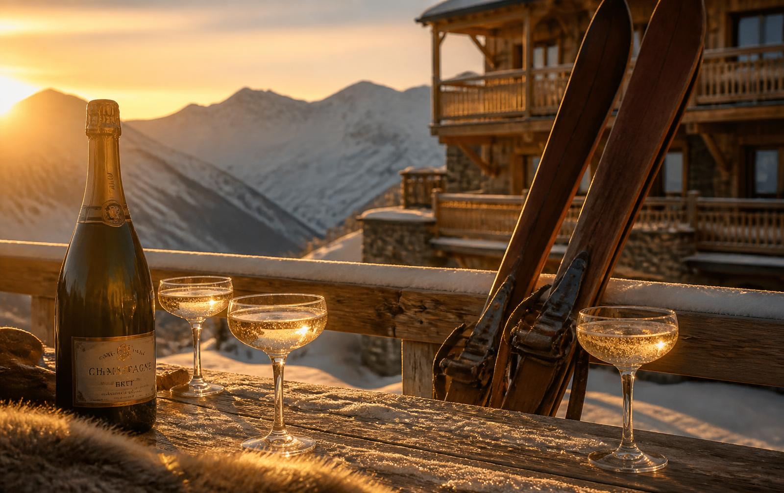 Champagne y skis vintage en una terraza de chalet al atardecer
